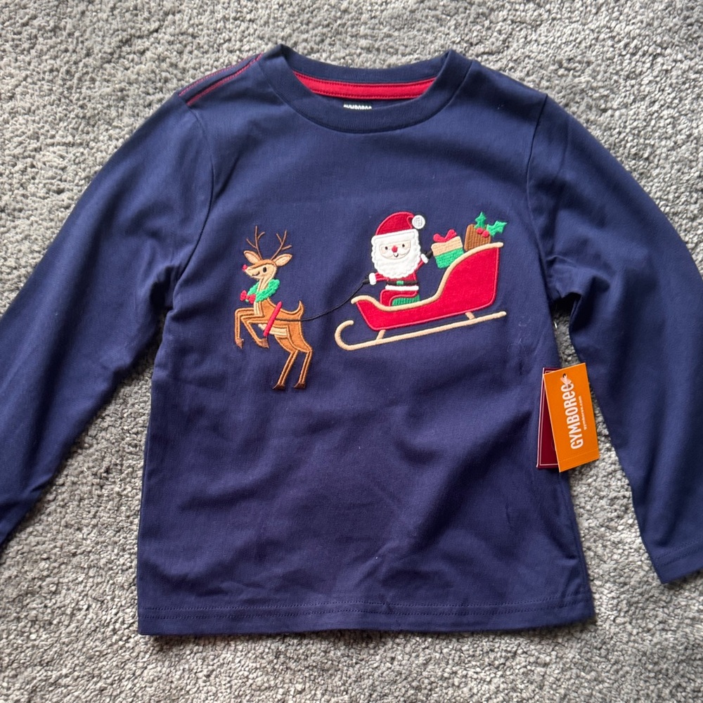 Gymboree Navy Santa and Reindeer Long Sleeve Tee